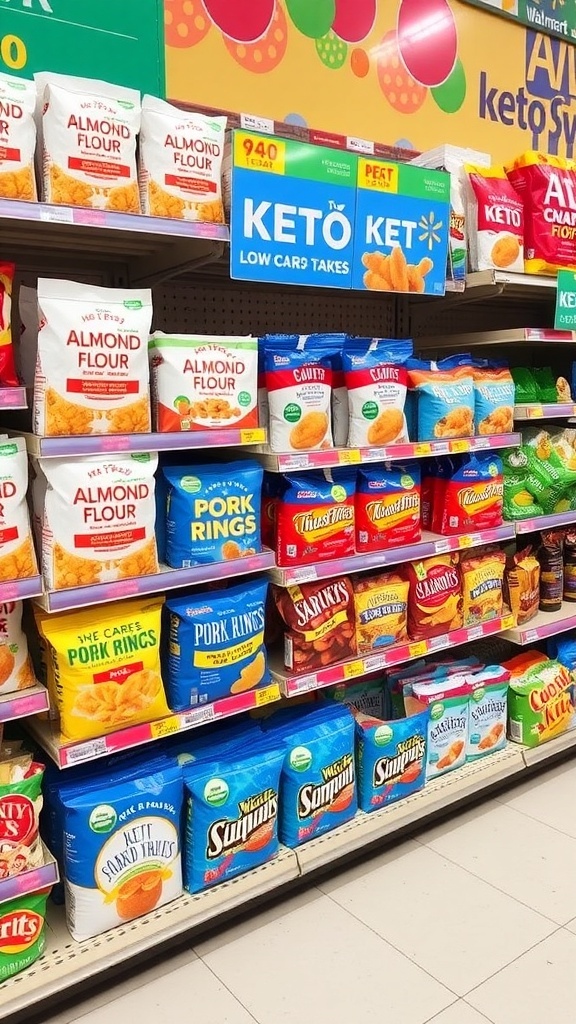 A selection of low carb keto grocery items from Walmart, including almond flour, pork rinds, and sugar-free snacks on a store shelf.